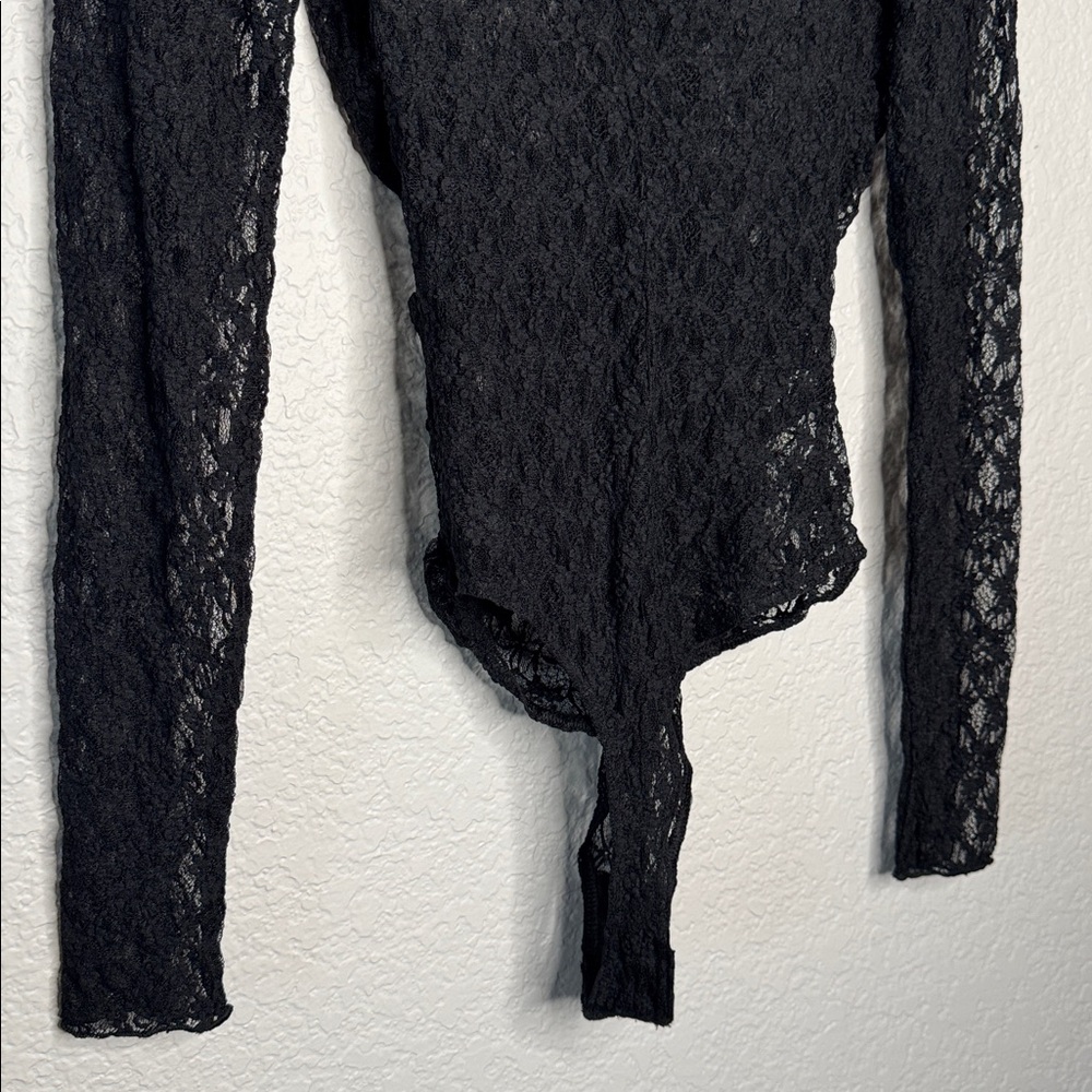 NWT Naked Wardrobe Black Lace Sheer Long Sleeve Bodysuit Large Ruched Mock Neck - Picture 9 of 11